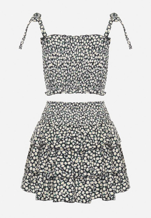 Czarny Komplet z Bawełną Top na Wiązanych Ramiączkach Spódnica z Falbanami Sariviane