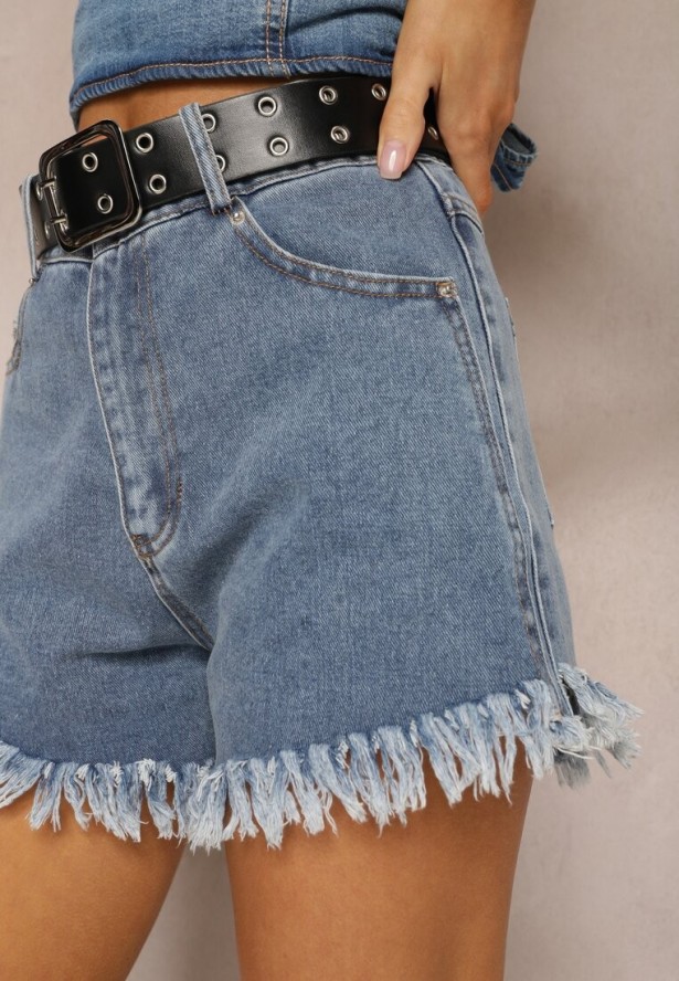 Niebieskie Szorty z Paskiem z Imitacji Skóry Ozdobione Postrzępionymi Krawędziami Lienara