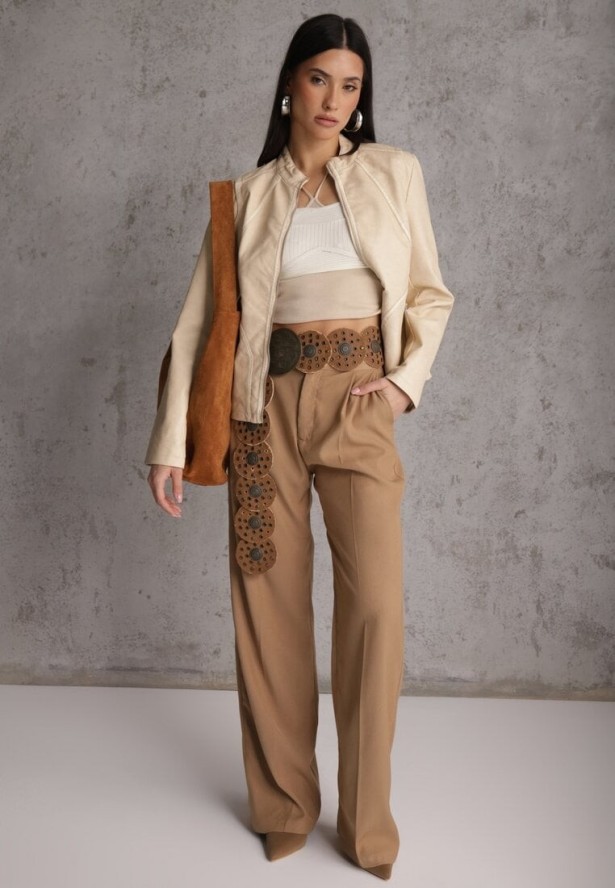 Beżowa Kurtka Ramoneska o Taliowanym Kroju z Ozdobnymi Lamówkami Esanora