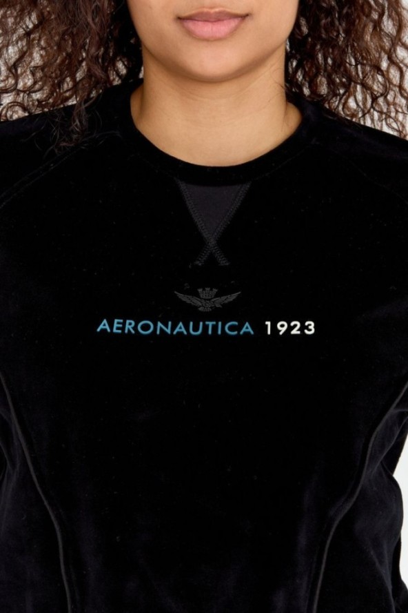 AERONAUTICA MILITARE Czarna welurowa bluza damska z wieloma zdobieniami, Rozmiar M