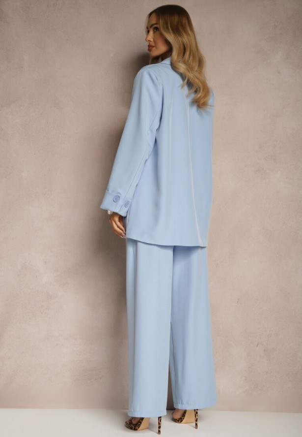 Niebieski Garniturowy Komplet z Wiązaną Marynarką i Prostymi Spodniami Tilinne