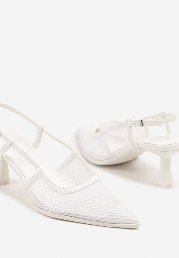 Białe Sandały na Obcasie Kaczuszka ze Sprzączką i Siateczką Falelitia
