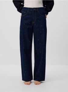 Jeansy baggy z kryształkami - granatowy