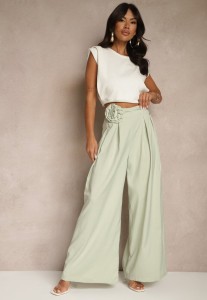 Zielone Spodnie o Szerokim Kroju High Waist z Kwiatem 3D Firalisse