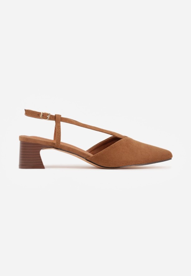 Jasnobrązowe Czółenka Slingback VICES z Imitacji Zamszu na Klockowym Obcasie Adophaia