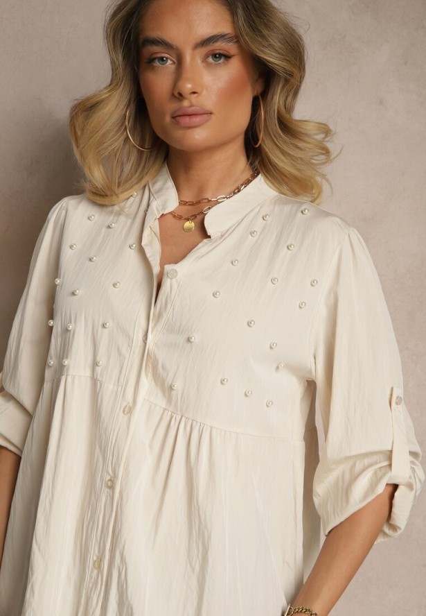 Beżowa Koszula z Wiskozą i Perełkami Tanathiel