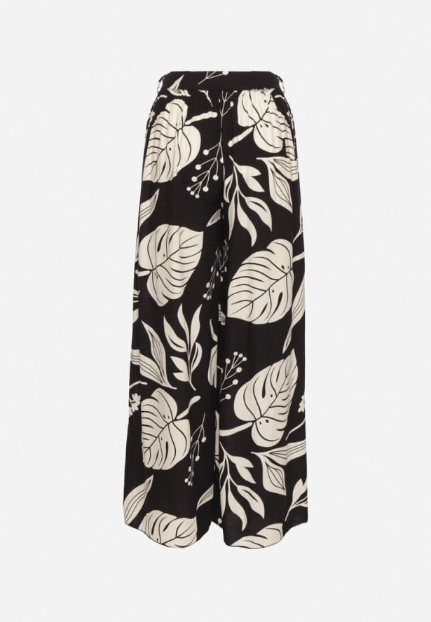 Czarne Spodnie w Kwiaty o Szerokim Kroju z Gumką i Paskiem Eledina