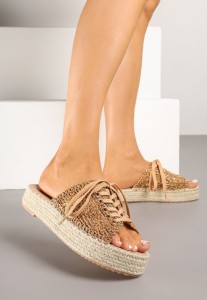 Jasnobrązowe Tweedowe Klapki na Plecionej Podeszwie ze Sznurowaną Cholewką Nevenisse