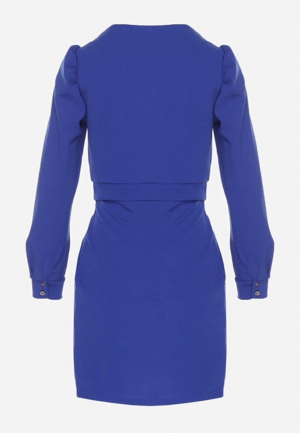 Niebieska Sukienka z Marszczeniem i Bufiastymi Rękawami Redenia