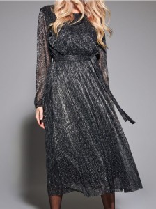 Błyszcząca sukienka midi z paskiem - srebrny