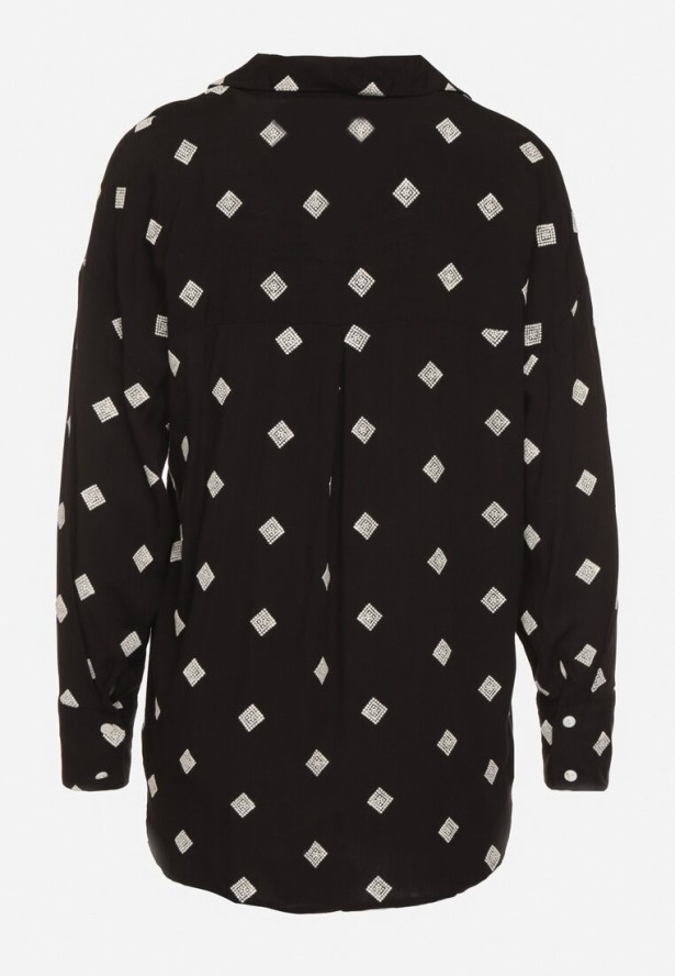 Czarna Koszula z Wiskozy z Lnu Zdobiona Geometrycznym Haftem Fadea