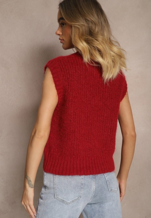 Bordowa Sweterkowa Kamizelka z Wełną z Prążkowanego Materiału Titheora