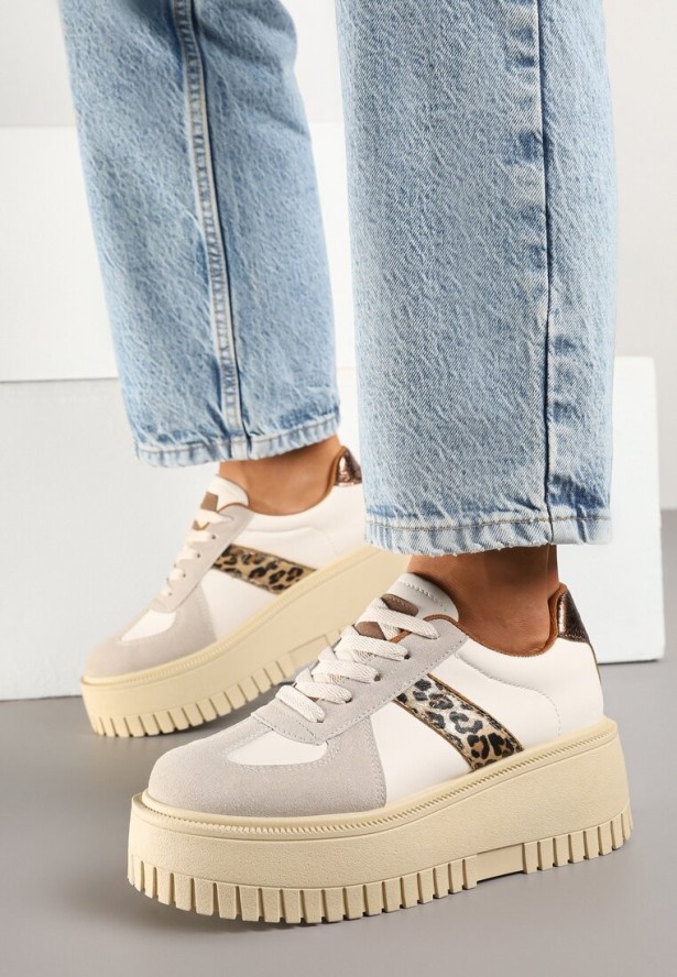 Beżowo-Panterkowe Sneakersy na Grubej Podeszwie z Ozdobnym Paskiem Viviriana