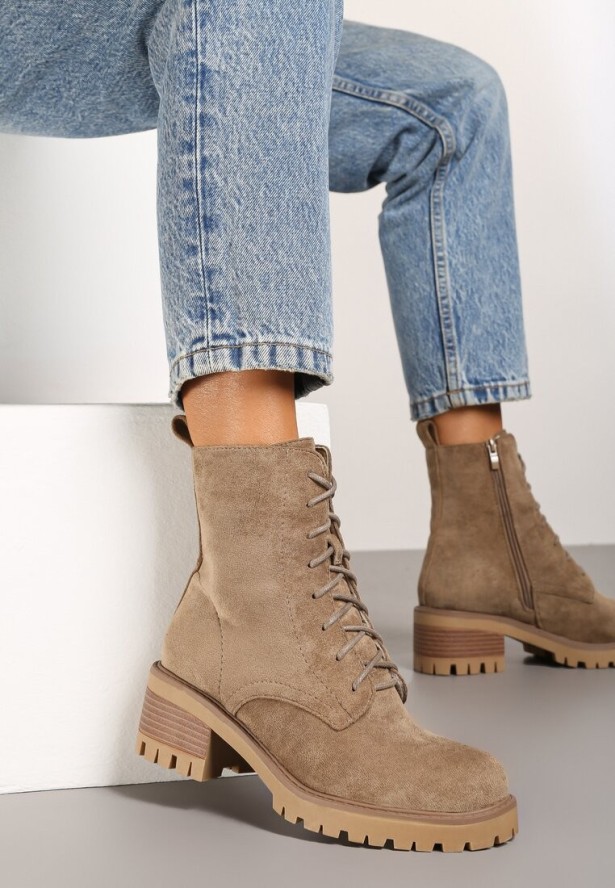 Beżowe Botki ze Sznurowaniem Jitra