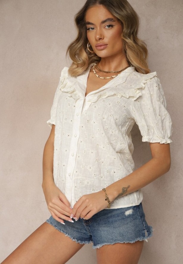 Biała Haftowana Koszula z Wiskozą i Falbanką Rinirea
