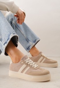Ciemnobeżowe Sneakersy na Platformie w Stylu Tenisówek Ozdobione Paskami Ladia