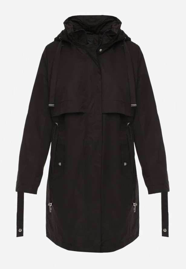 Czarna Kurtka Przejściowa Typu Parka z Odpinanym Kapturem Ozdobiona Sznurkami Fallaiah