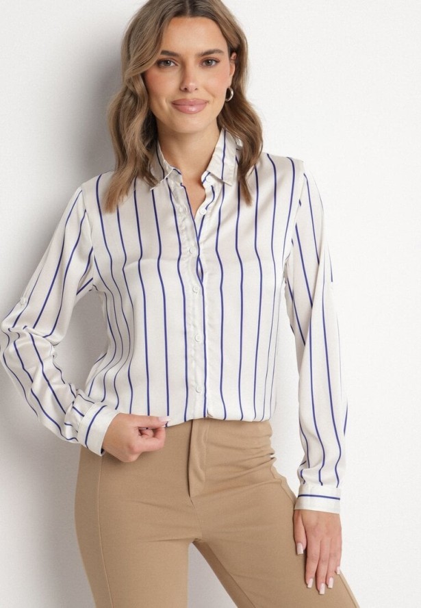 Biało-Niebieska Koszula w Delikatne Paski z Podpinanymi Rękawami Berraza