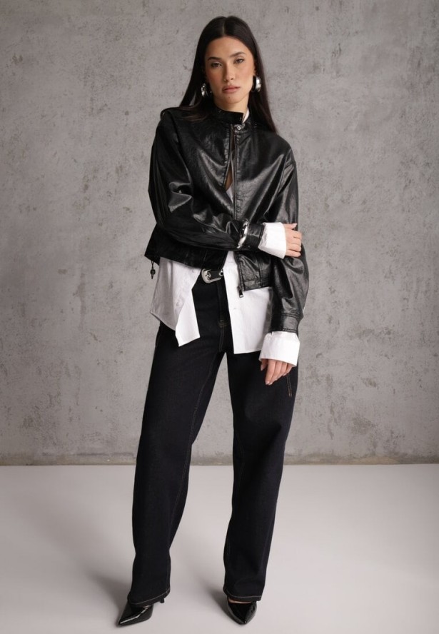 Czarna Kurtka Ramoneska Bomber z Kieszeniami z Klapami Nealira