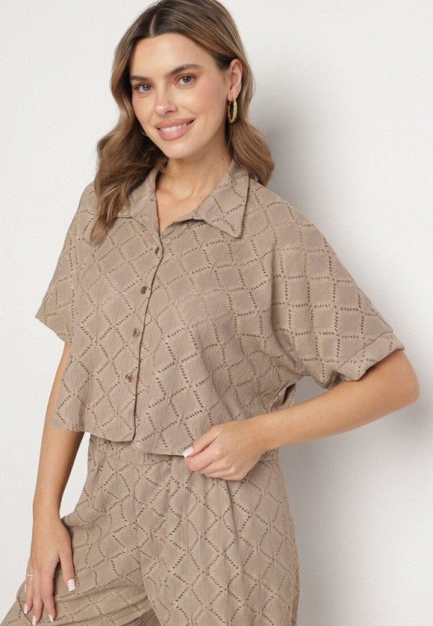 Jasnobrązowy Ażurowy Komplet Koszula z Kołnierzem Spodnie z Szerokimi Nogawkami i Gumką w Pasie Zalvia