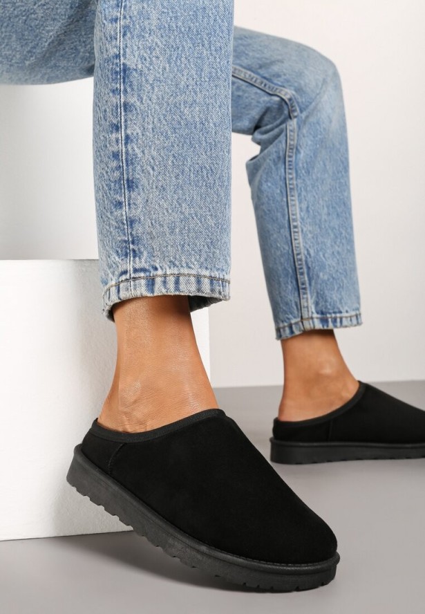 Czarne Klasyczne Płaskie Kapcie z Futerkiem Neccaria