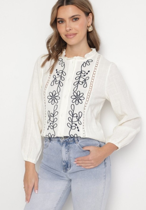 Beżowa Koszula z Bawełną i Wiskozą Ozdobiona Haftem Nalaviris