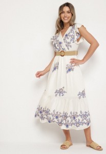 Biało-Niebieska Wiskozowa Sukienka z Kopertowym Dekoltem i Paskiem Nilazea