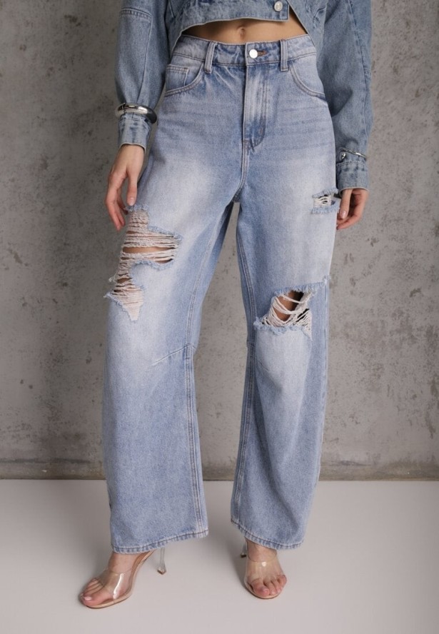 Niebieskie Bawełniane Jeansy Ballloon z Wiskozą High Waist Ozdobione Dziurami Lamma