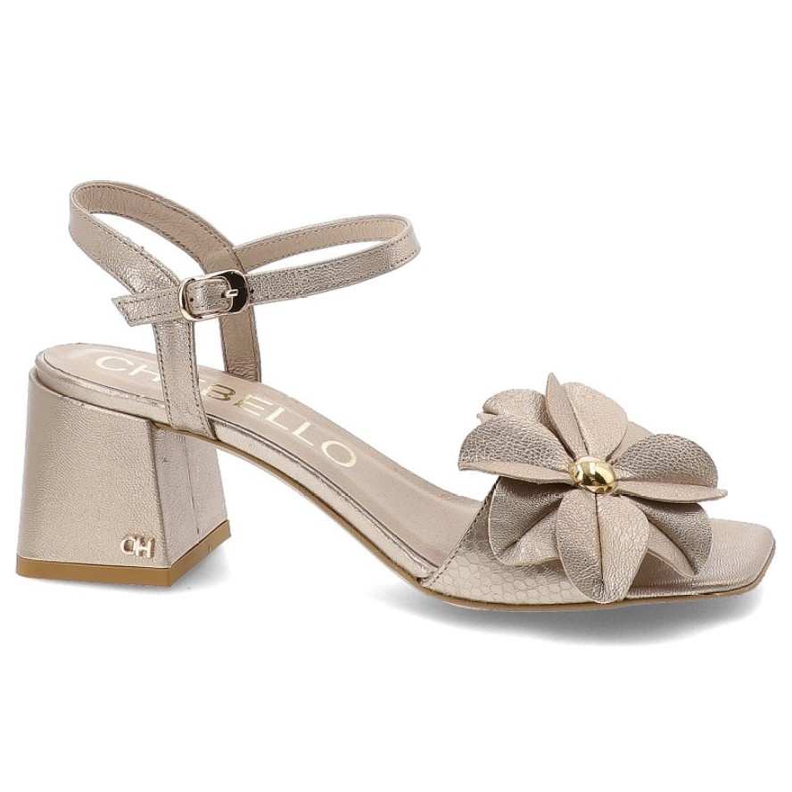 Złote Sandały Chebello Eleganckie Obuwie Damskie Z Kwiatem