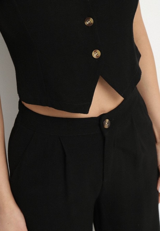 Czarny Wiskozowy Komplet z Lnem Kamizelka i Garniturowe Spodnie Evialira