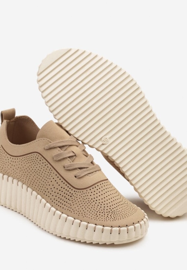 Beżowe Sneakersy na Tłoczonej Platformie z Ażurową Cholewką Ronfira