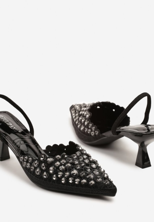 Czarne Sandały z Kryształkami na Obcasie Kaczuszka Lenavia