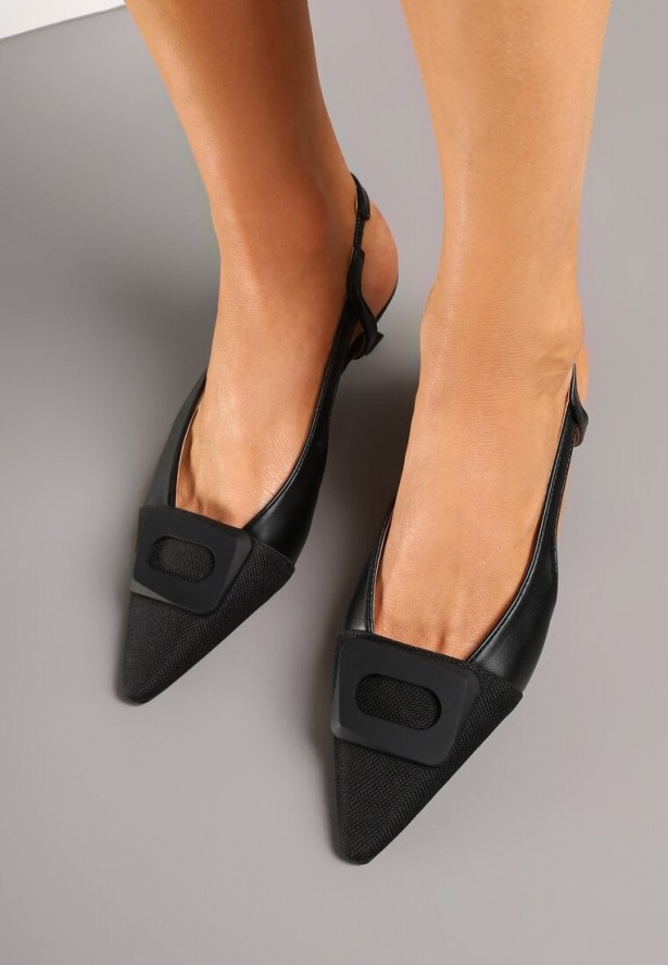 Czarne Sandały na Obcas Typu Kaczuszka z Geometryczną Ozdobą Tillio