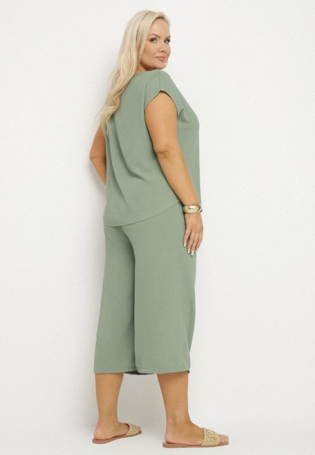 Jasnozielony Komplet Bluzka i Szerokie Spodnie Jenoretia