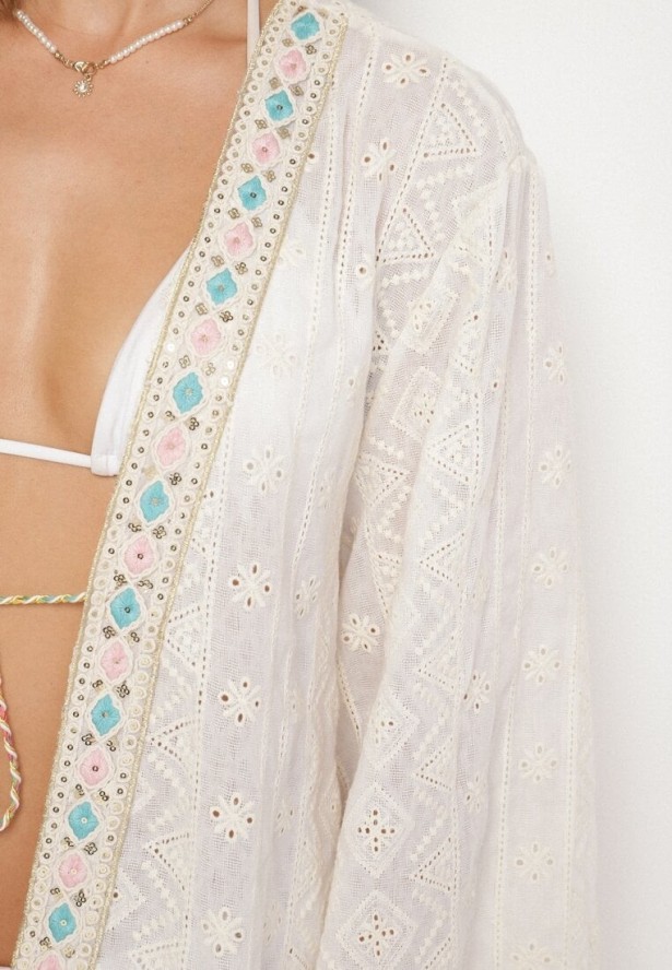 Beżowe Bawełniane Ponczo Plażowe Ozdobione Haftem i Cekinami Naliara