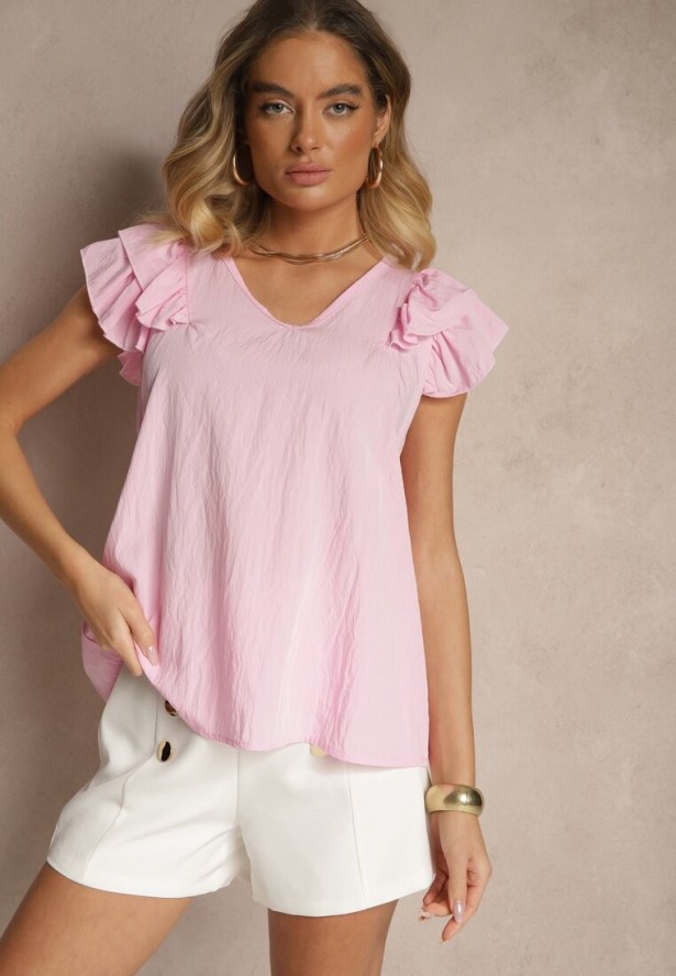 Jasnoróżowa Bluzka z Wiskozą i Falbankami Divama