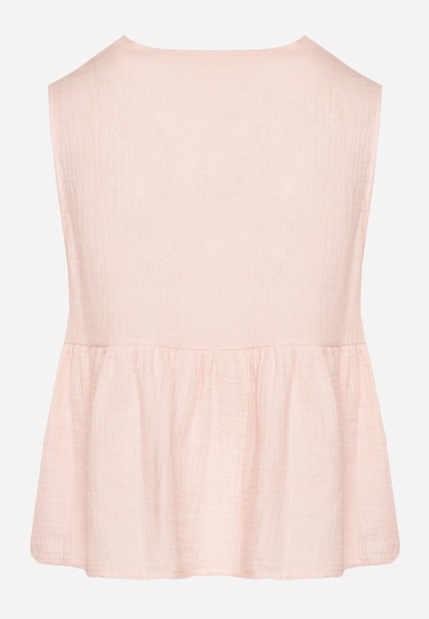 Różowa Bawełniana Bluzka Top z Wiązaniem z Przodu i Lekką Falbanką Furena