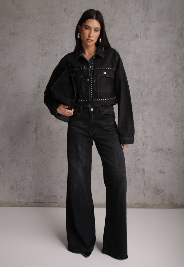 Czarne Szerokie Jeansy Palazzo z Bawełną High Waist Zinnasira