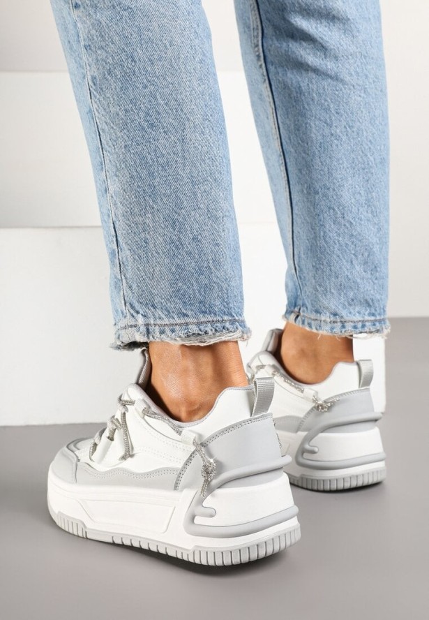 Biało-Szare Sneakersy na Platformie z Paskiem z Cyrkonii Aneolin