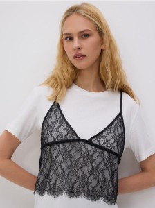 T-shirt z koronkowym topem - złamana biel