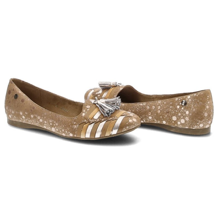 Baleriny damskie Maciejka, ze skórzaną cholewką przeplataną aplikacją na nosku miękką podeszwą i dekoracyjnymi frędzlami, miedziane, 04016-32-00-5