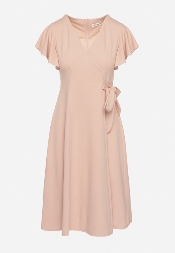 Różowa Rozkloszowana Sukienka Kopertowa z Wiązaniem w Talii Dannila