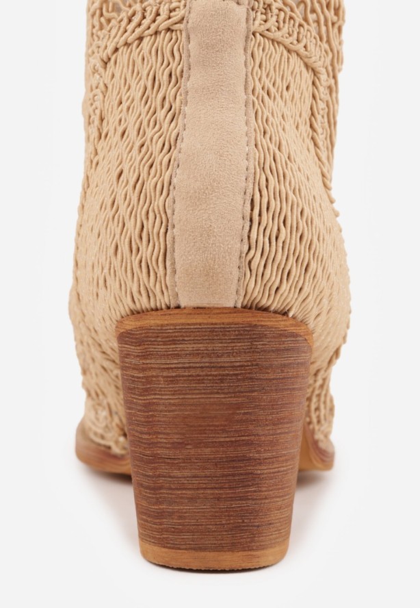 Ciemnobeżowe Botki Kowbojki VICES na Stożku z Ażurową Cholewką Azivessa
