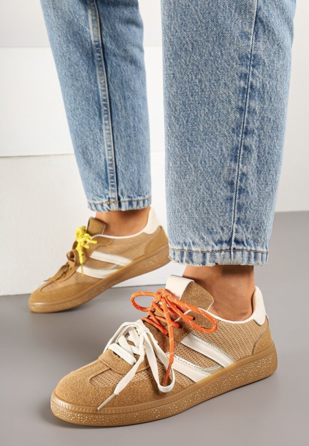 Brązowe Sneakersy z Geometrycznymi Paskami i Podwójnym Wiązaniem Florlevi