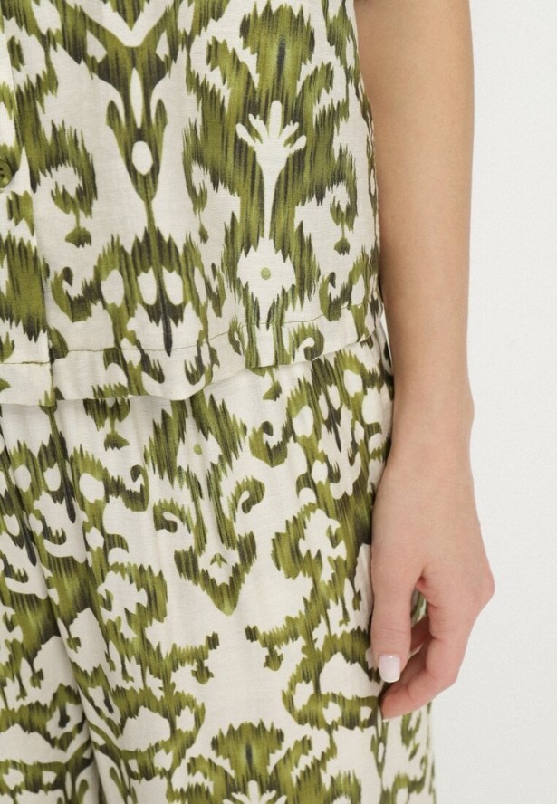 Ciemnozielony Komplet z Wiskozy w Ornamentalny Wzór Koszula i Spodnie Evialirae