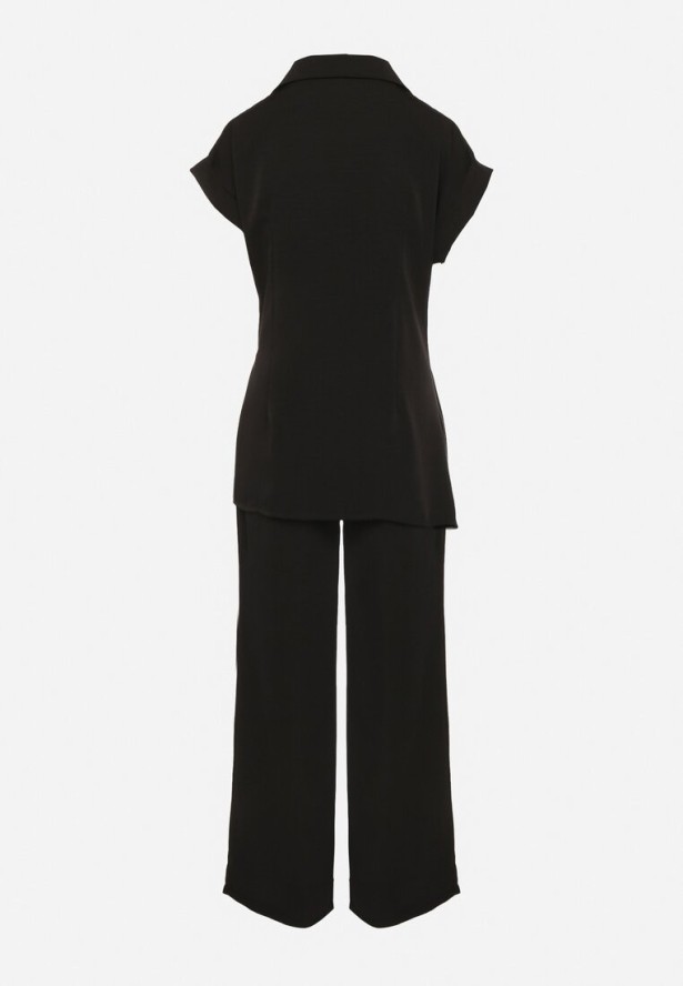 Czarny Komplet Koszula z Asymetrycznym Wiązaniem i Szerokie Spodnie Filivara