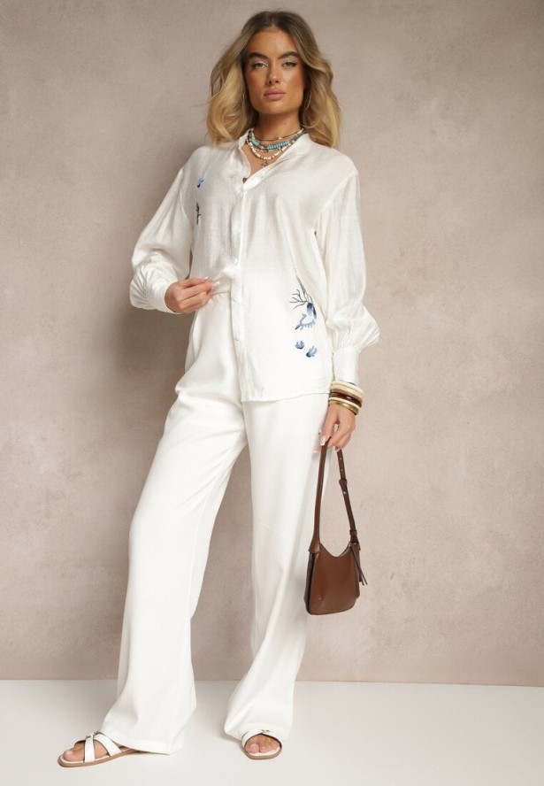 Biała Klasyczna Koszula z Wiskozą z Haftowanymi Zdobieniami Korolena