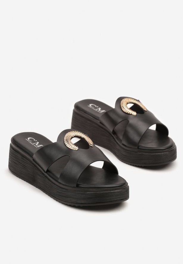 Czarne Klapki na Koturnie Zdobione Aplikacją Zenlexia