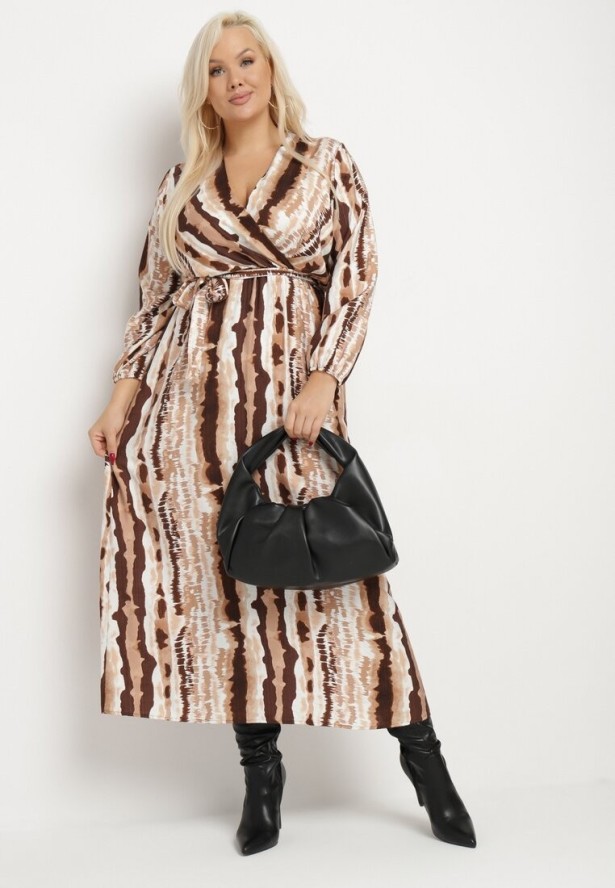 Beżowo-Brązowa Kopertowa Sukienka z Wiskozą i Paskiem w Talii Noranea