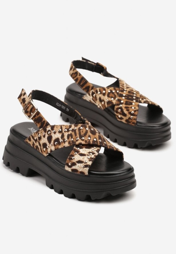 Panterkowe Sandały na Grubej Podeszwie z Paskiem z Klamerką i Nitami Goniriel